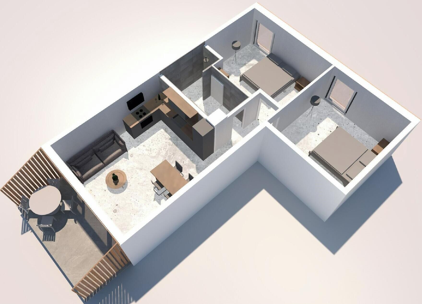 A 3D floor plan of a hotel room with a kitchenette, a dining area, a bathroom, and a small balcony.