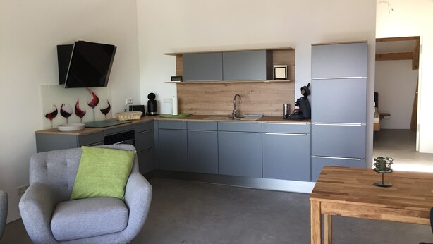 A modern kitchen with grey cabinets, a wooden countertop, a built-in sink, and a flat-screen TV mounted on the wall. - Apartment '2 Spätburgunder' with Balcony and Wi-Fi (Freiburg im Breisgau)