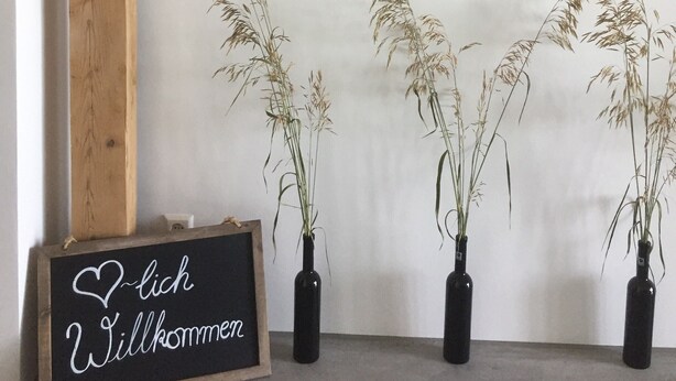 A room with a wooden beam, three potted plants, and a welcome sign.