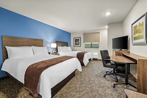 Desk, laptop workspace, blackout drapes, iron/ironing board