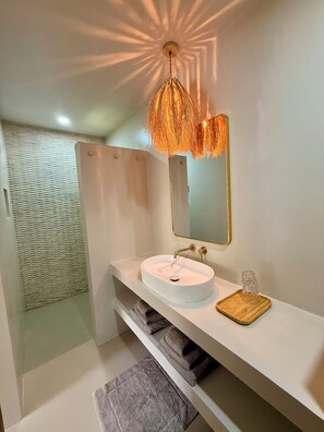 Shower, free toiletries, hair dryer, towels