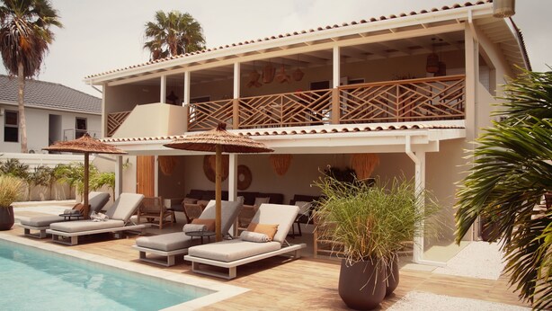 Una zona junto a la piscina con sillones de descanso y sombrillas, un espacio cubierto con cojines y una planta grande en maceta.
