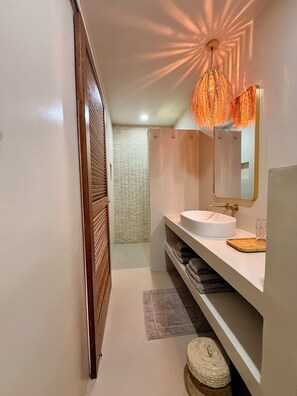 Shower, free toiletries, hair dryer, towels