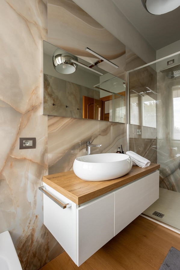 Shower, hair dryer, towels