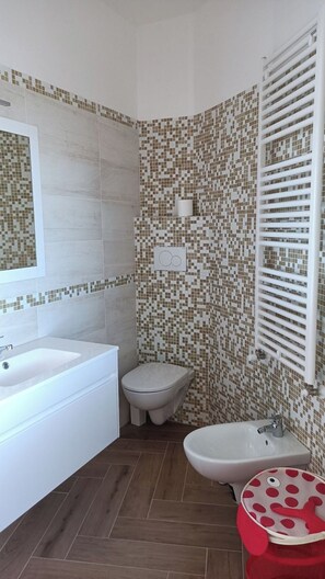 Shower, bidet, towels, soap
