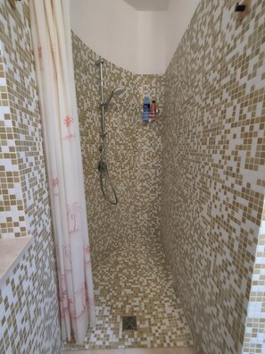 Een douche, een bidet, handdoeken, zeep