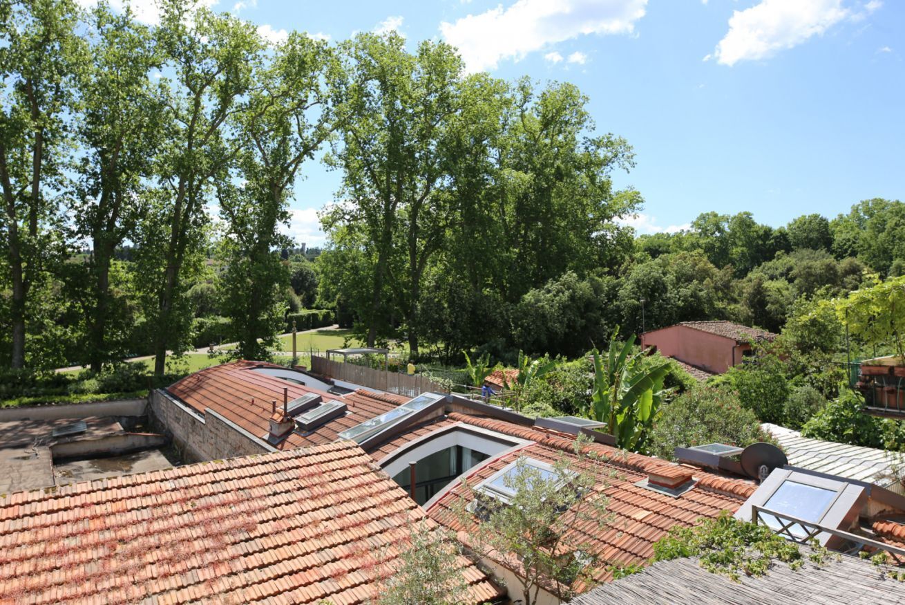 A rooftop with terracotta tiles, skylights, and a view of a lush green landscape.