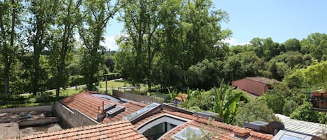 A rooftop with terracotta tiles, skylights, and a view of a lush green landscape.