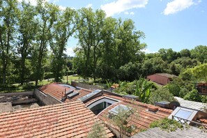 Un toit en tuiles de terre cuite, agrémenté de fenêtres de toit, offrant une vue sur un paysage verdoyant et luxuriant.