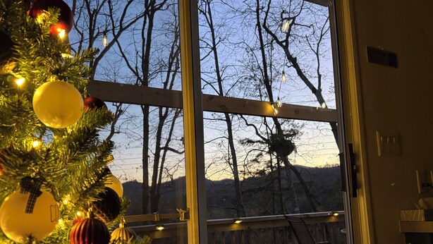 Un árbol de Navidad decorado, una terraza de madera y vistas a árboles y montañas a través de amplios ventanales.