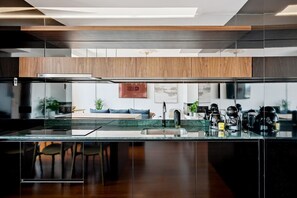 Fridge, microwave, oven, dishwasher