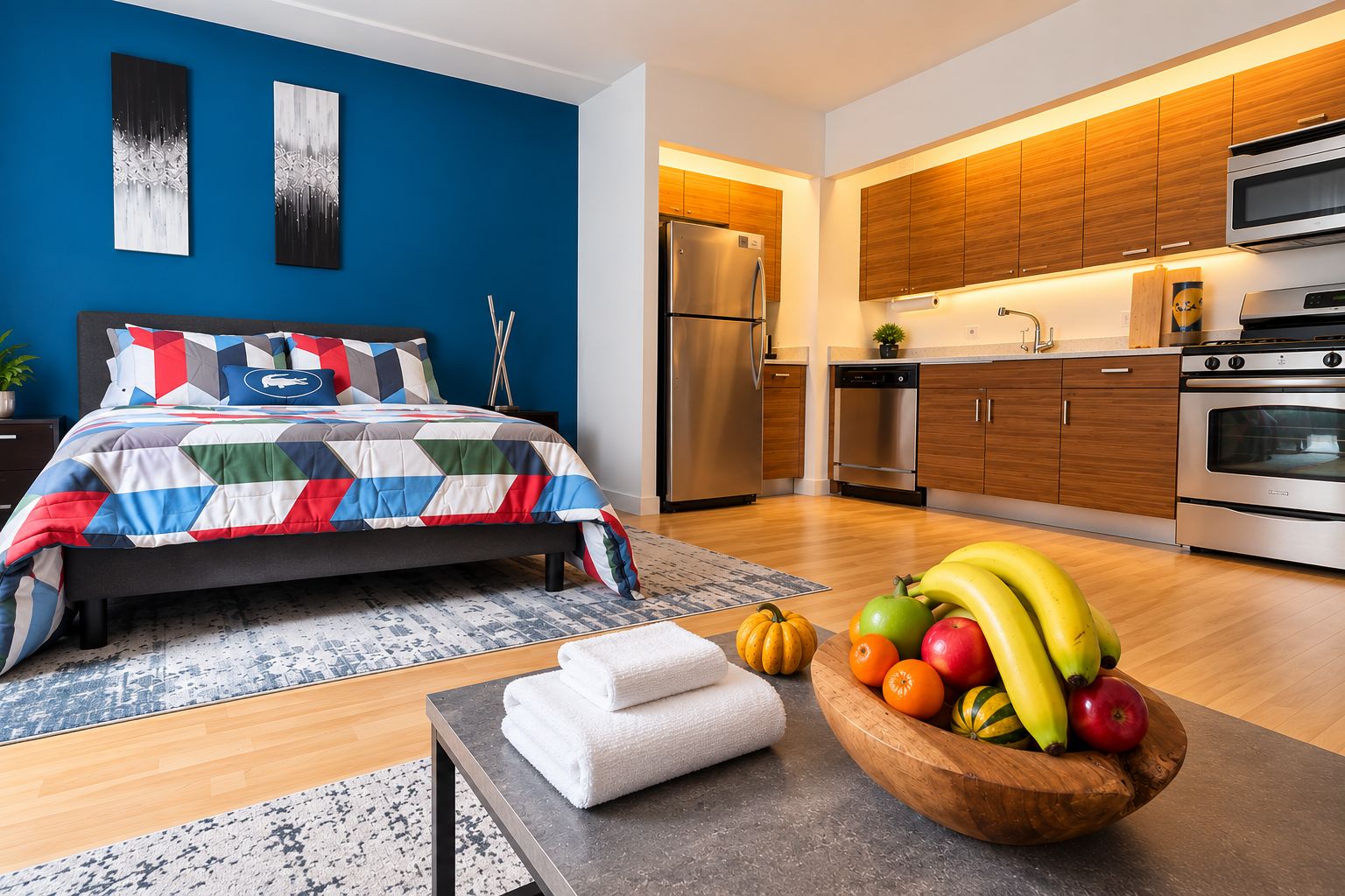 Une chambre à coucher moderne avec un lit, une table de chevet et un saladier en bois rempli de fruits.