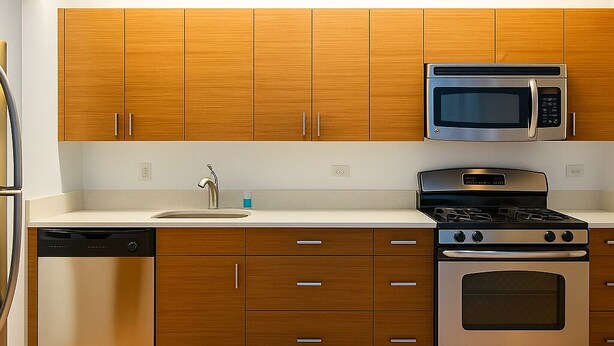 Een moderne keuken met houten kastjes, een roestvrijstalen magnetron, een vaatwasser en een fornuis.