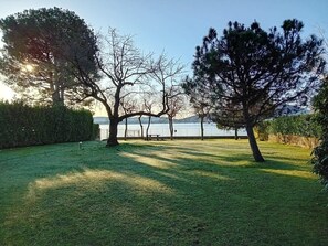 A grassy park area with trees and a bench. - Lesa Villas (Lesa)
