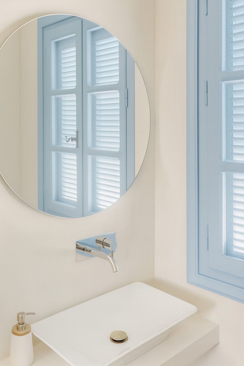 Une salle de bain avec un miroir rond, un lavabo blanc et une fenêtre avec des volets bleus.