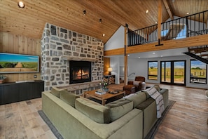 Smart TV, chimenea y libros