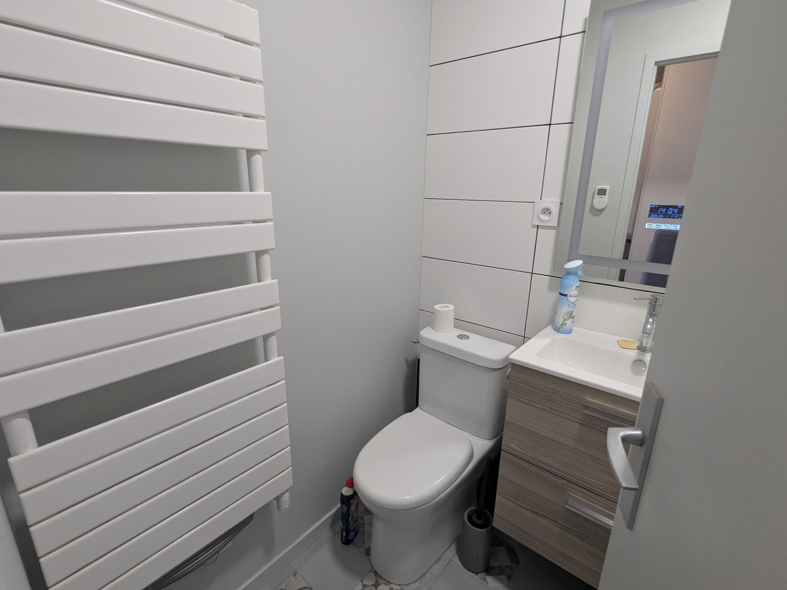 A bathroom with a toilet, a sink, a mirror, and a radiator.
