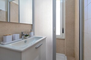 Shower, hair dryer, bidet, towels