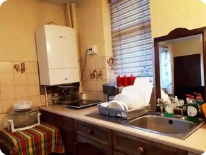 Frigorífico, microondas, horno y placa de cocina