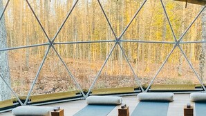 Une pièce spacieuse dotée d’une grande fenêtre donnant sur une forêt, et aménagée avec des tapis de yoga et des blocs en bois.