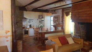Una sala de estar acogedora con sofá, una zona de comedor con sillas, una cocina equipada y una chimenea.