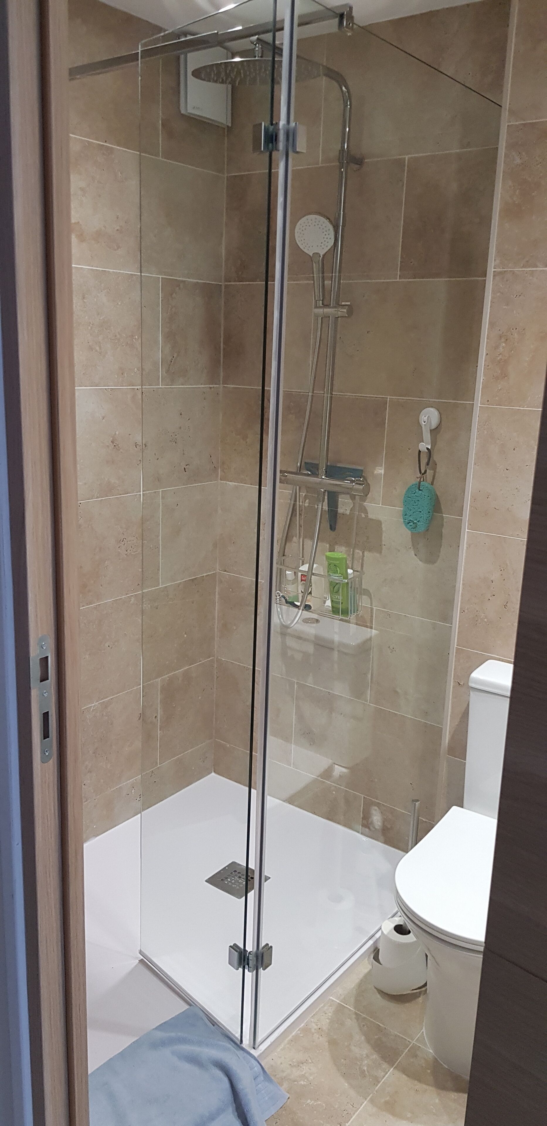 A glass-enclosed shower with a handheld showerhead, a handheld scrubber, and a small shelf with toiletries.