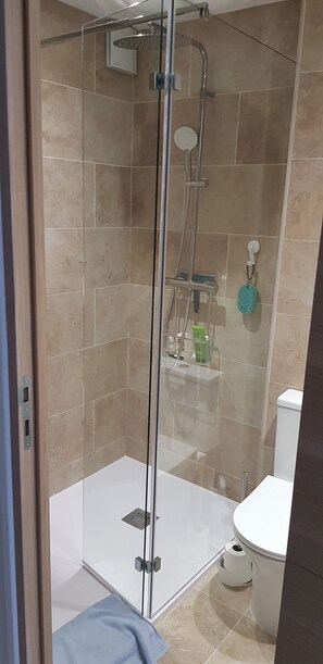 Shower, hair dryer, towels, soap