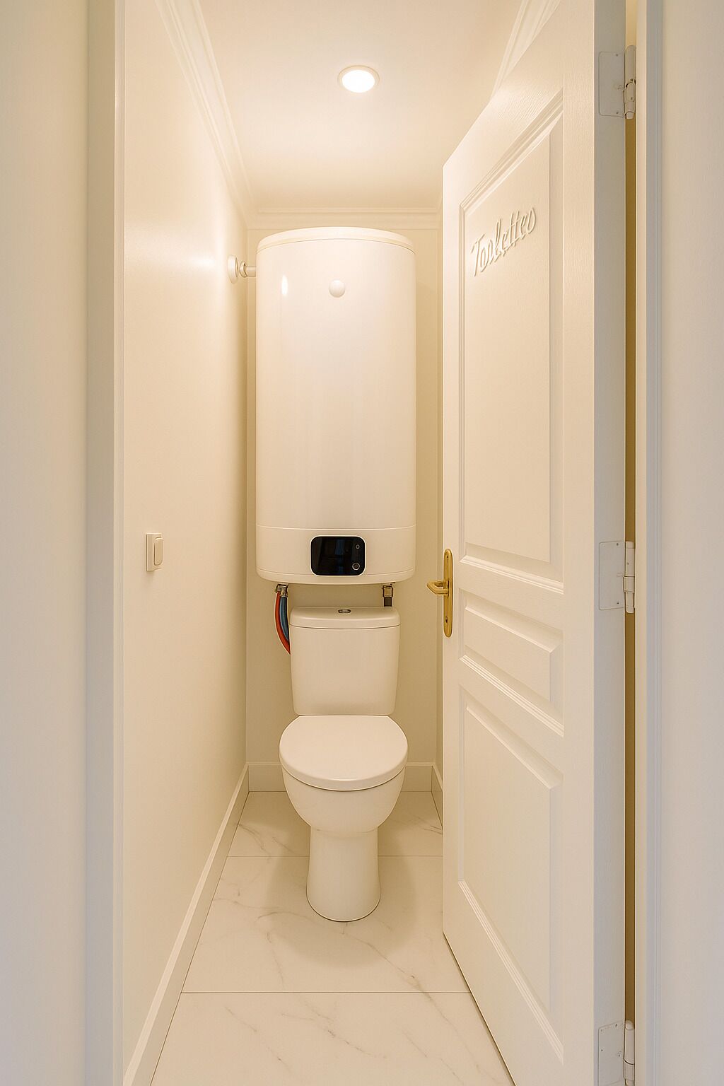 Een smalle gang die leidt naar een toilet met een bedieningspaneel erboven.