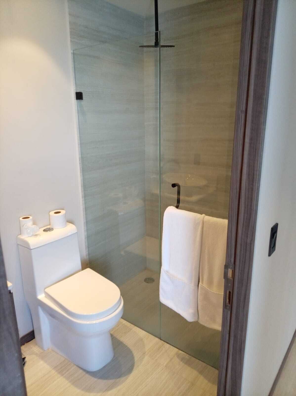 Un baño moderno con ducha acristalada, inodoro y barra para toallas.