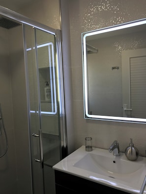 A bathroom with a glass shower enclosure, a white sink with a mirror above it, and a handheld showerhead.