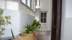 Un pasillo estrecho con una jardinera de madera con diversas plantas, una puerta blanca al final y una reja metálica.