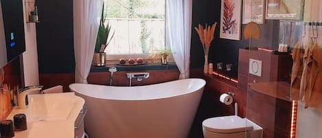 Hair dryer, towels, soap, toilet paper