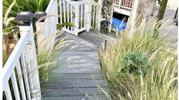 Une terrasse en bois mène à une clôture blanche agrémentée d’une balustrade, le tout étant entouré de hautes herbes et bordé par une étendue d’eau.