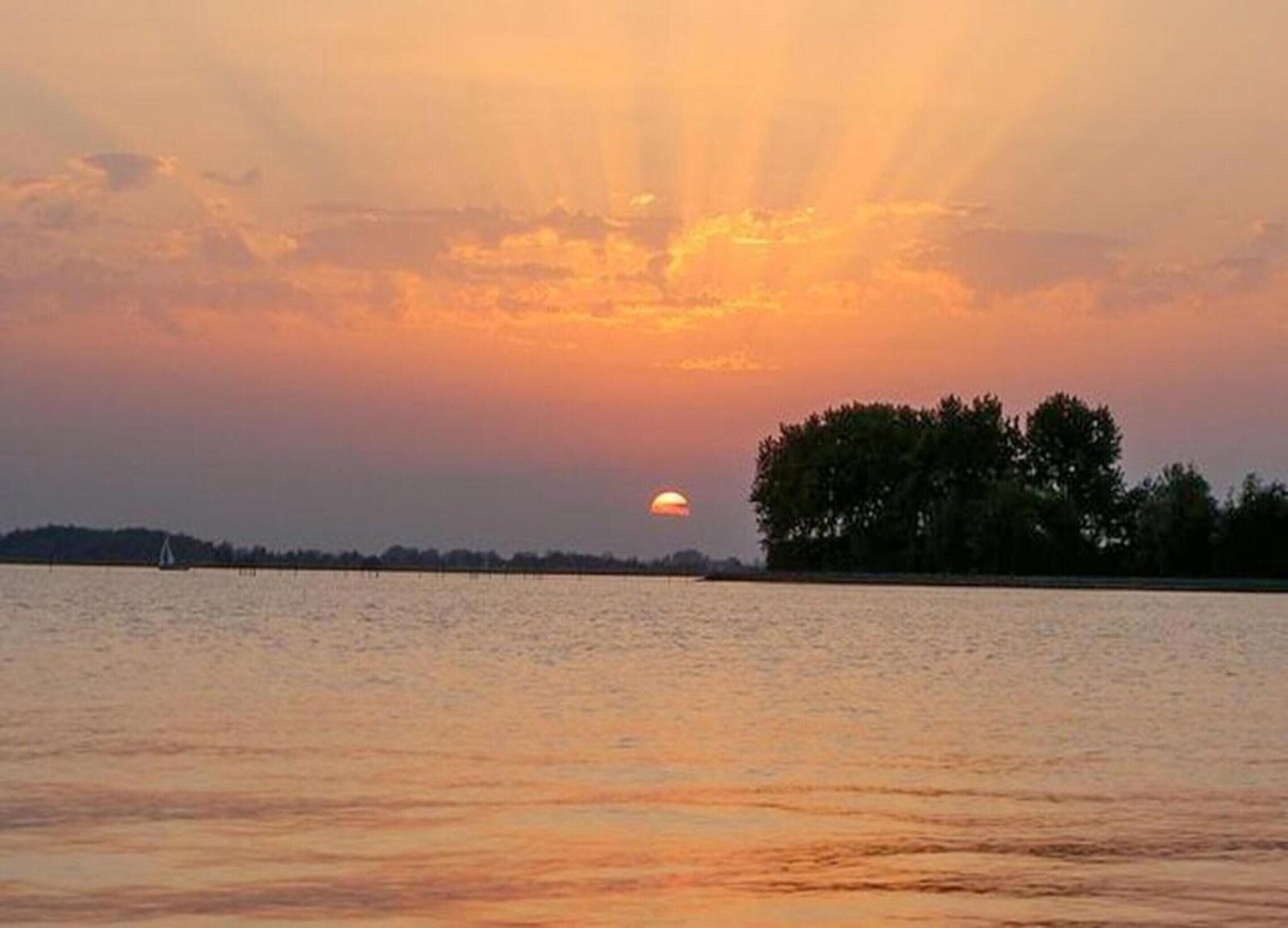 A sunset over a calm body of water with a silhouette of trees and a distant shoreline.