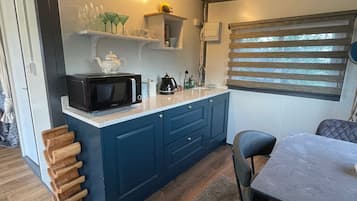 Fridge, microwave, electric kettle, toaster