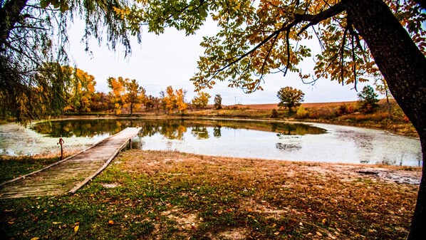A serene lakeside scene with a wooden dock extending into the water, surrounded by trees with autumn foliage.