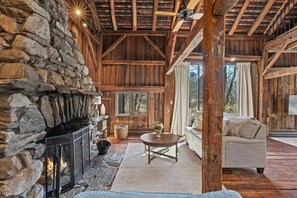 Smart TV, fireplace, books