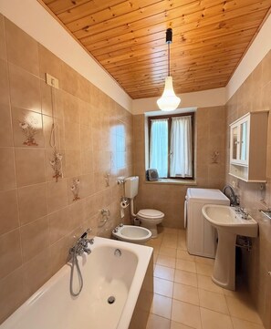 Hair dryer, bidet, towels, soap