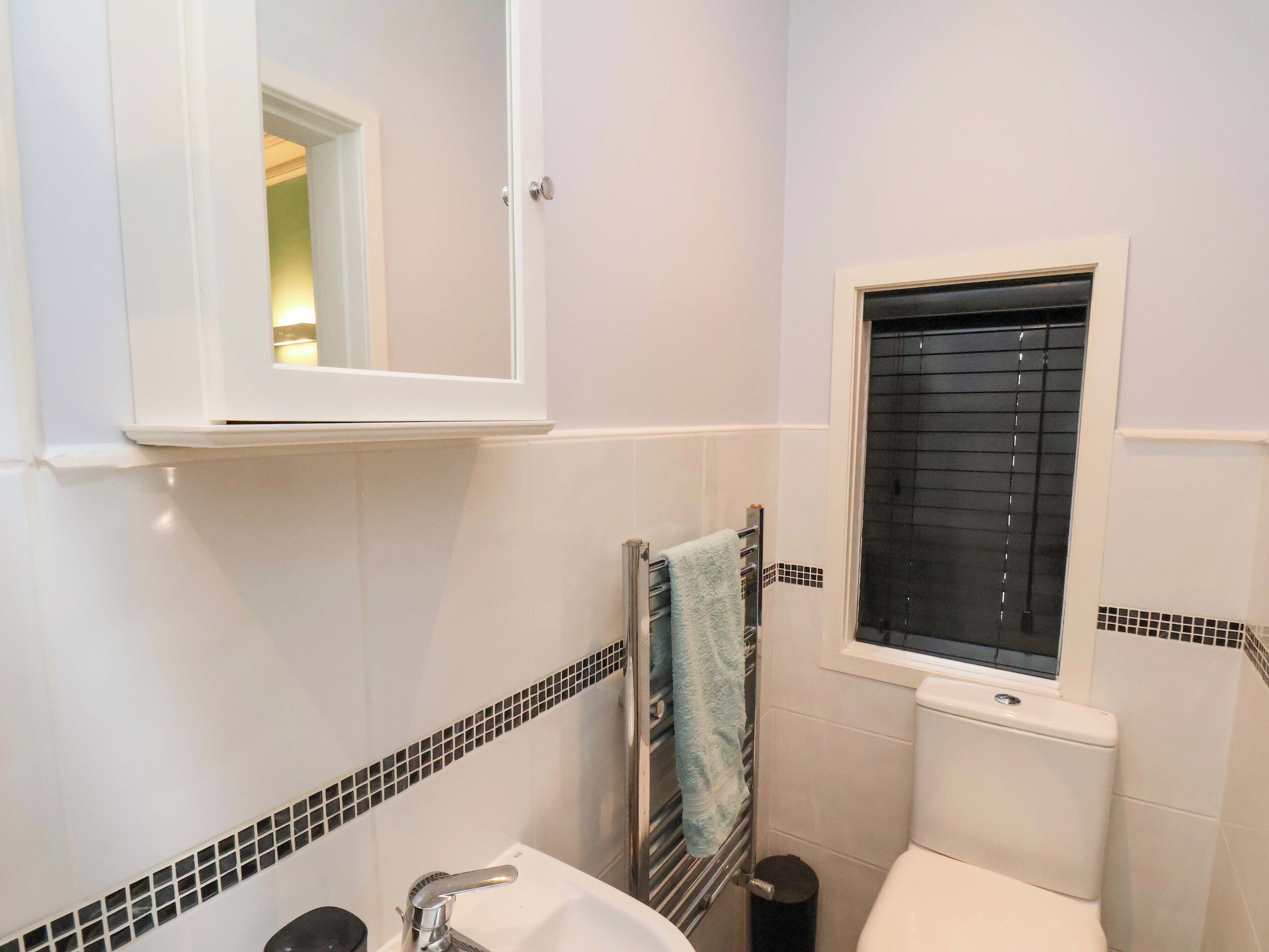 A bathroom with a white sink, a mirror, a window with blinds, and a towel rack.