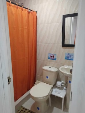 Shower, towels, soap, toilet paper