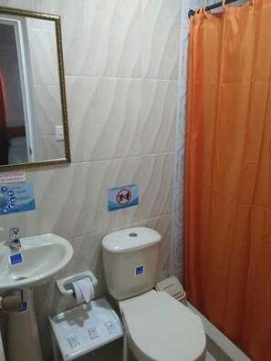 Shower, towels, soap, toilet paper