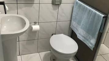 Shower, towels, soap, toilet paper