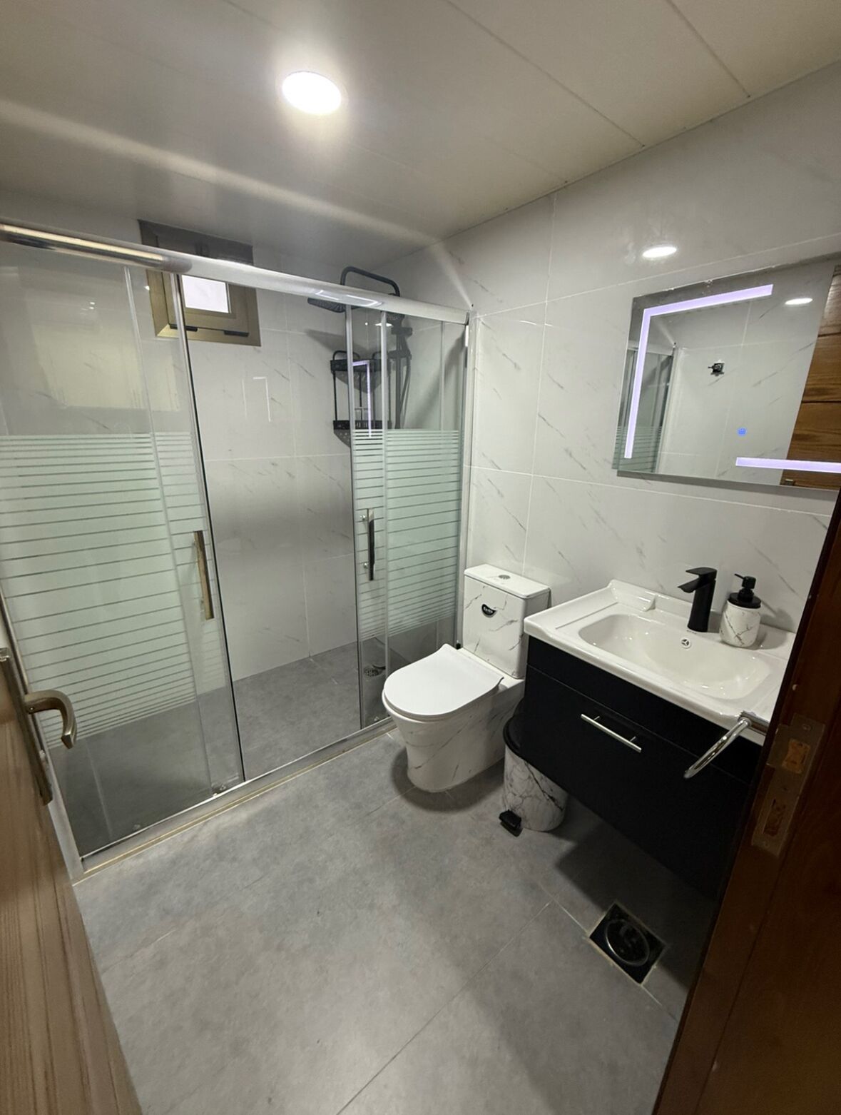 A modern bathroom with a glass-enclosed shower, a toilet, and a sink with a mirror above it.