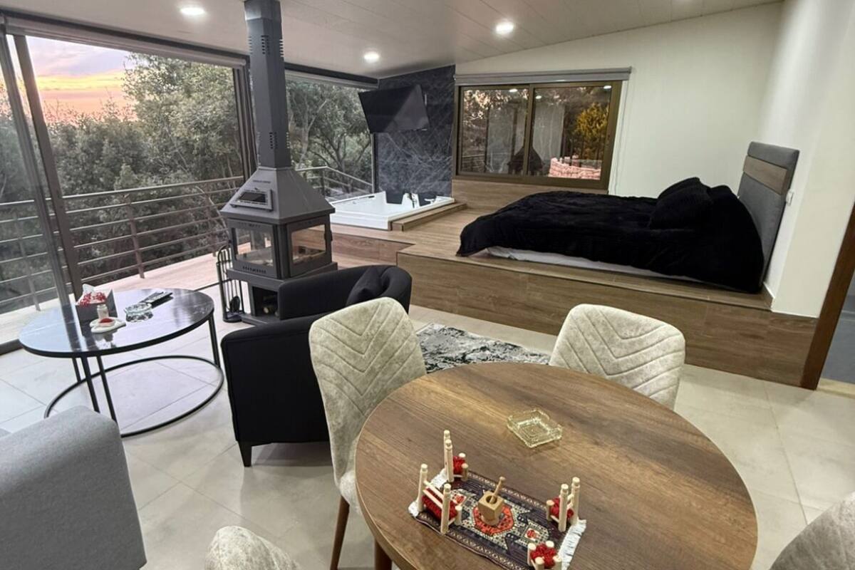 A modern living room with a fireplace, a sofa, a dining table with chairs, and a view of trees through large windows.