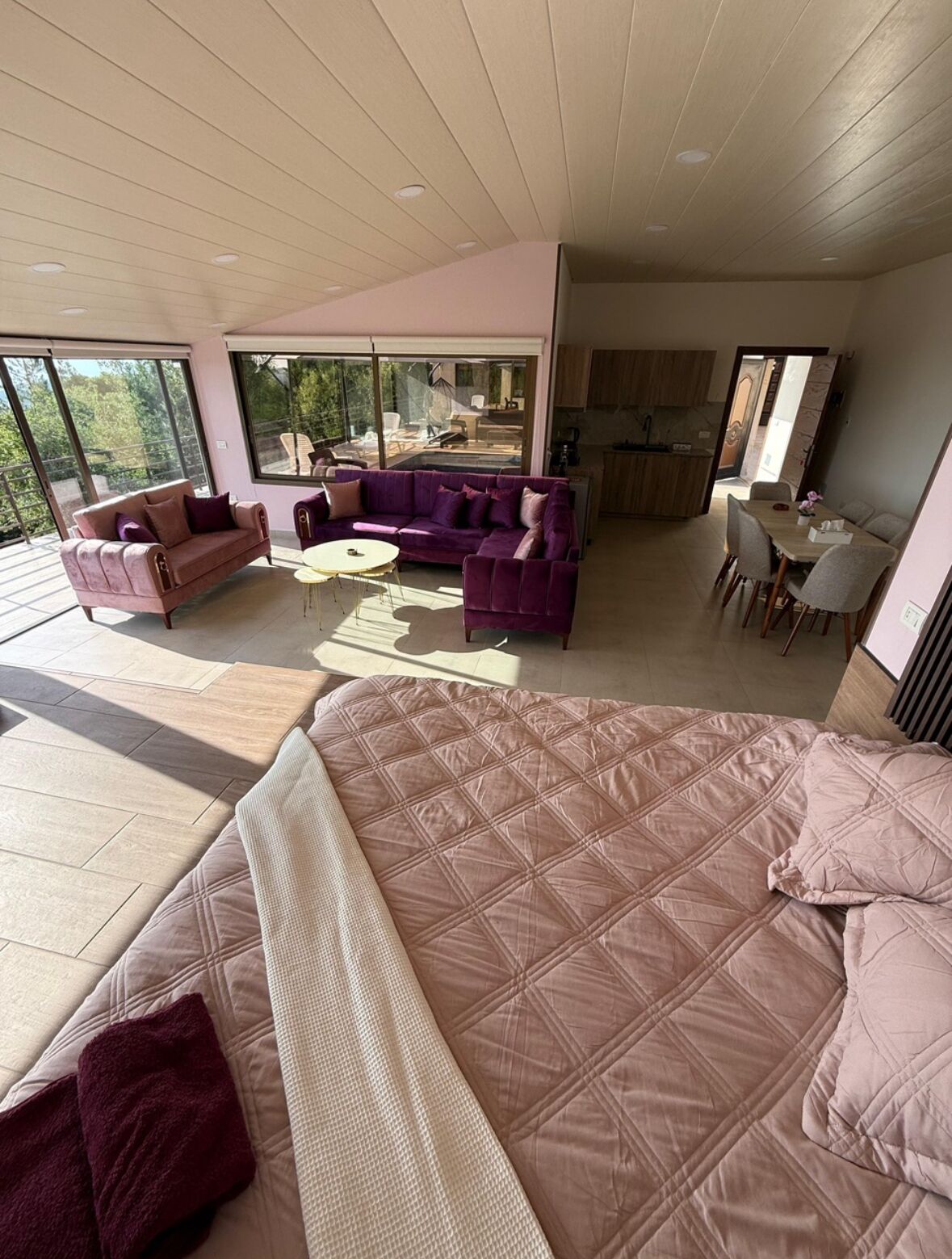 A modern living room with a large bed, a sofa, and a dining area.