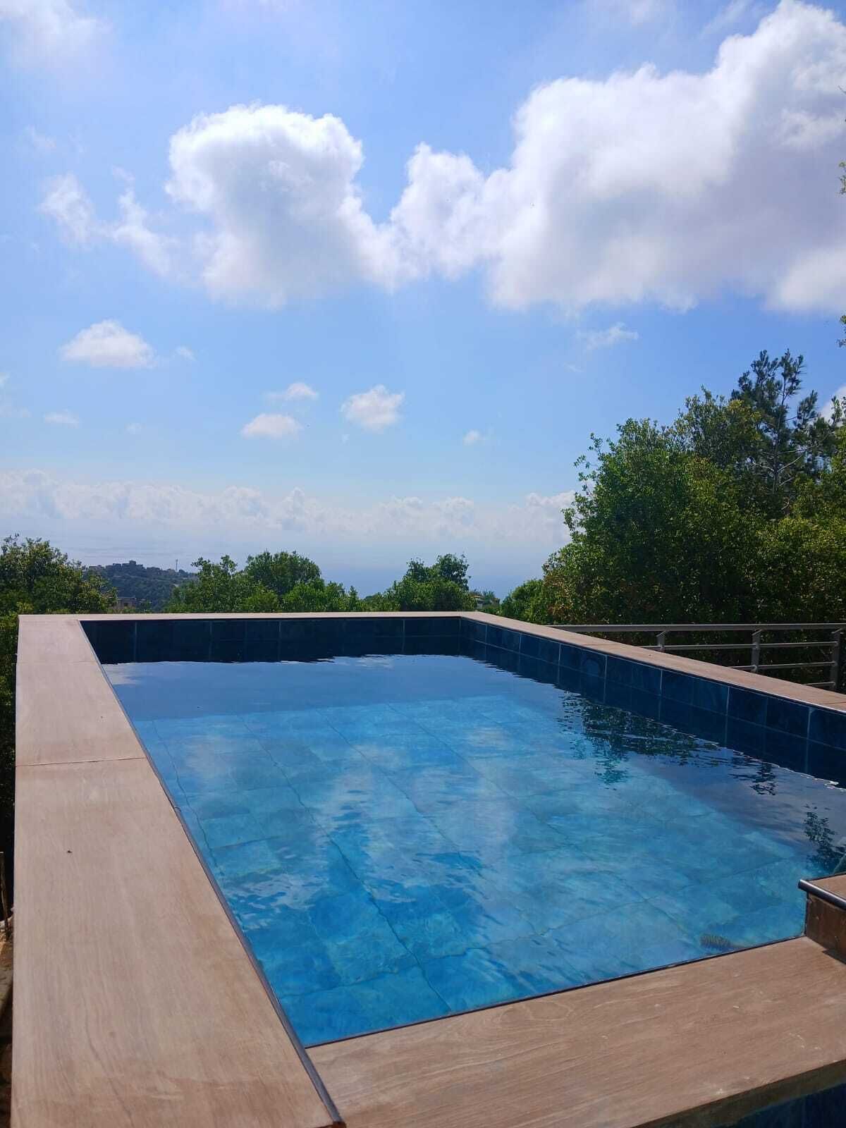 A rectangular swimming pool with a wooden deck edge, surrounded by greenery and trees, under a clear sky.