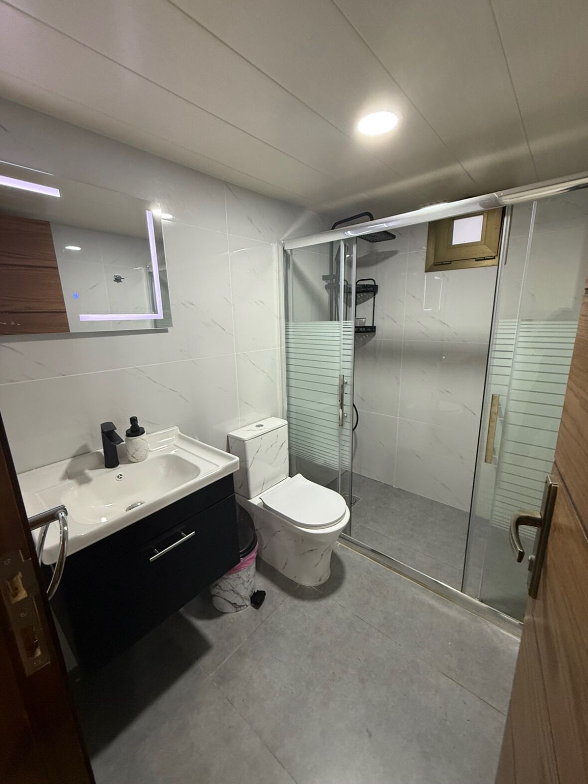 A modern bathroom with a glass-enclosed shower, a white toilet, and a vanity with a mirror.