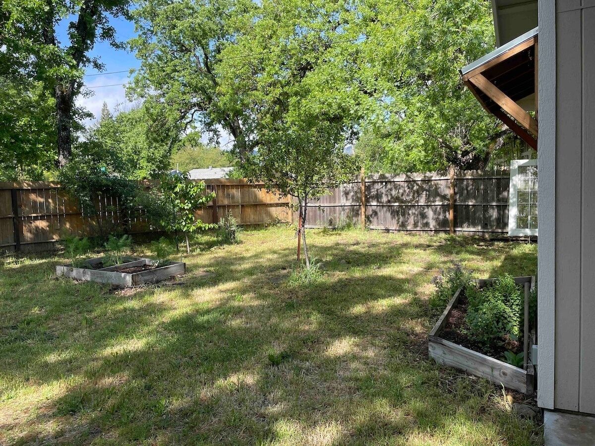 Ein Garten mit Holzzaun, Baum und erhöhten Blumenbeeten.
