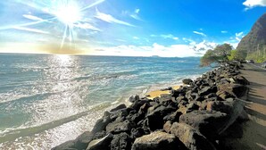 A coastal road with a rocky barrier, a clear sky, and the ocean.