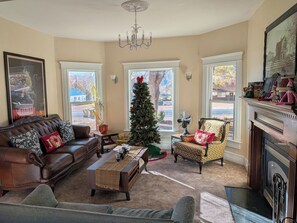 TV, fireplace, DVD player, books